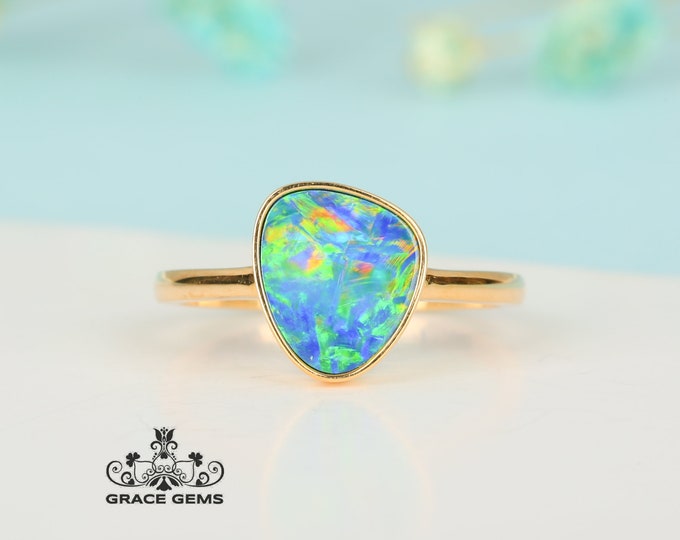 2.3 CT Natural Australian Black Blue Opal Engagementl Ring with Solid 18k/14k Gold/Full Eternity/Boulder Opal Engagement Wedding Band/Raw