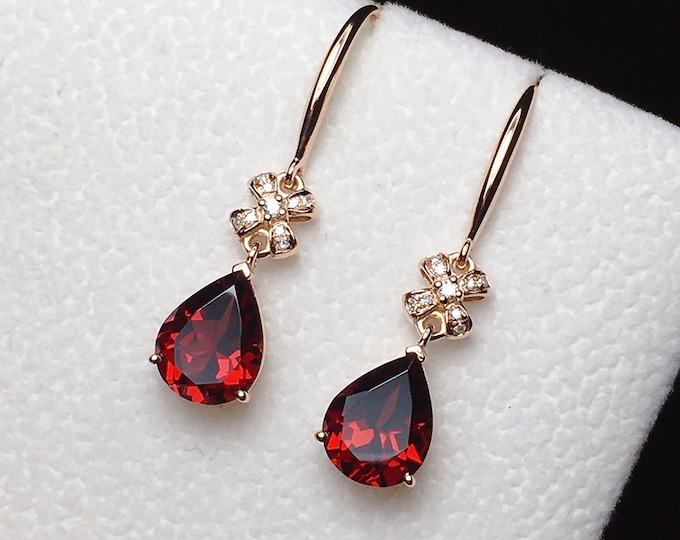 18k rose gold natural garnet hook earrings in diamonds/Victorian vintage classic garnet eardrops/Custom Bridal Jewelry/Birth anniversary