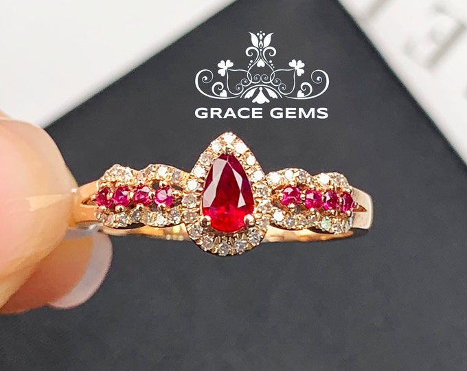 Unique Natural Mozambique ruby engagement ring/18k gold ruby diamond ring/art deco ring ruby/Minimalist ruby ring/Artisanal ruby ring/modern