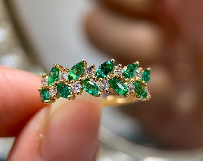 18k Gold Twig Certified Emerald Ring With Diamonds/Natural Real Emerald Engagement Ring/Vintage emerald band/Unique wedding band/Promise