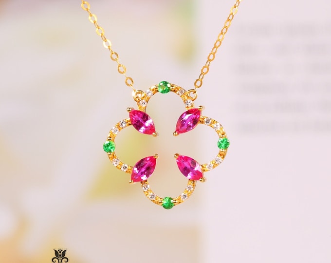 Unique Design Genuine cluster ruby Pendant in 18k gold with diamonds and green Travorites/One of a kind Necklace/Anniversary Birthday Choke