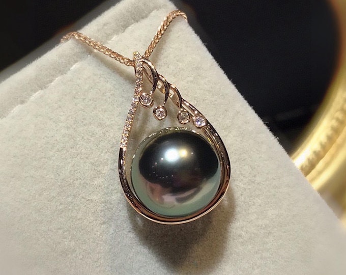 12mm 18k Rose Gold Tahitian Pearl Pendant necklace/Rose gold pear pendant necklace/12mm Salty pearl/Handmade fine jewelry