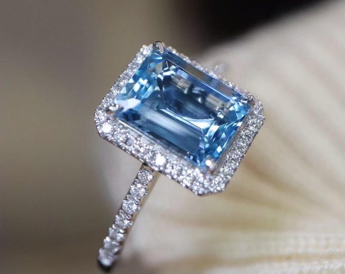 Luxurious natural Santa Maria ring in 18k white gold/Diamond paved band aquamarine ring for her/Women aquamarine birthstone engagement ring