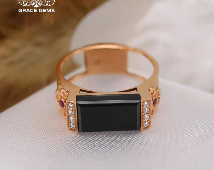 18k Solid Rose Gold 7x12mm Rectangle Natural Myanmar Black Jadeite ring/One of a kind unique Engagement Wedding Ring/Anniversary Handmade