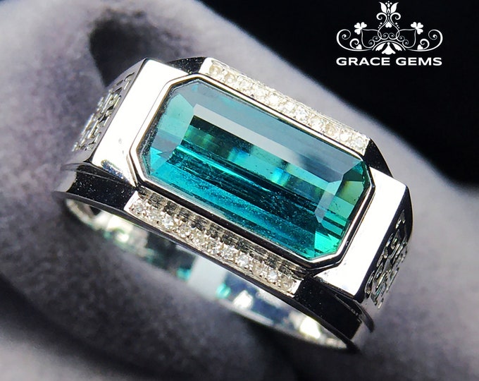 18k gold teal tourmaline ring/Chunky rare blue tourmaline ring for men/Mens Tourmaline engagement ring/Art Deco blue tourmaline ring 4 him