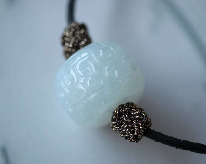 Unique Carved Natural Myanmar Icy Green Jadeite Jade Pendant with Hand knitting Rope/One of a kind Jade Capochon/Egyptian Jewelry/Real Jade
