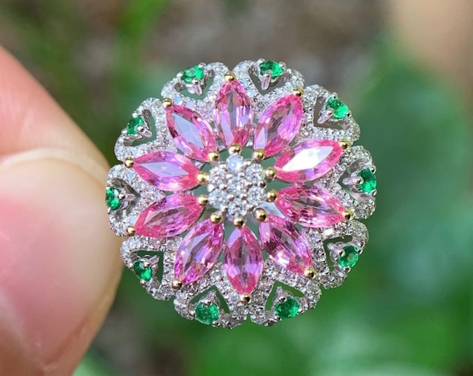 18k white gold multi-stone Genuine Padparadscha sapphire ring with diamonds emeralds/engagement wedding ring/Vintage Art Deco/One of a kind