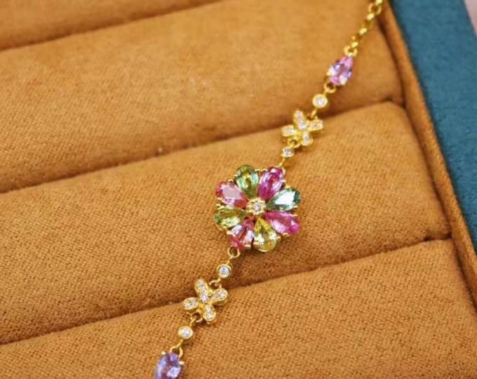 18k solid gold natural multi-color sapphire bracelet/Real sapphire and diamonds bracelet/Art Deco sapphire bracelet/Handmade rainbow bracele