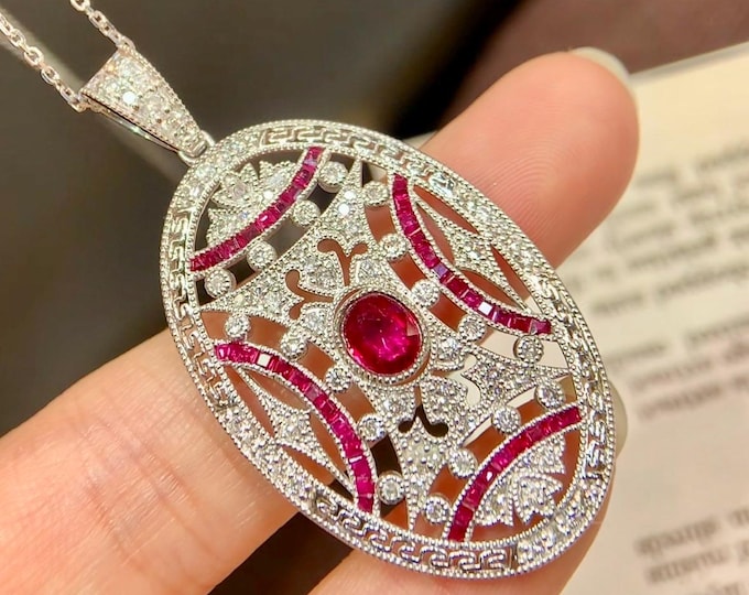Statement natural red ruby pendant necklace 18k white gold/Vintage style antique art deco ruby jewelry women