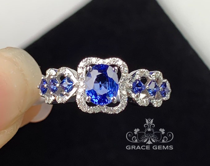 18k white gold sapphire cluster ring/genuine untreated sapphire diamond band/Blue gemstone eternity/Vintage Antique/Art Deco/Boho unique