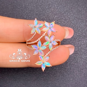 18k Rose Gold Five Flower Cluster Natural Australian Opal Ring/Halo Diamonds band/Vintage Engagement Wedding ring/Unique Handmade Specialty