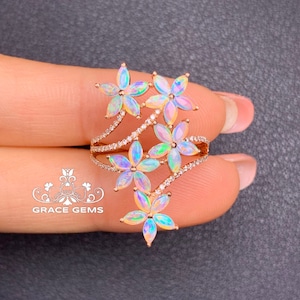 Unique Five Flowers Cluster Marquise Natural Certified Australian Opal Ring/18k/14k rose Gold &Diamonds/Boulder Opal Engagement Wedding ring