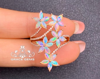 Unique Five Flowers Cluster Marquise Natural Certified Australian Opal Ring/18k/14k rose Gold &Diamonds/Boulder Opal Engagement Wedding ring