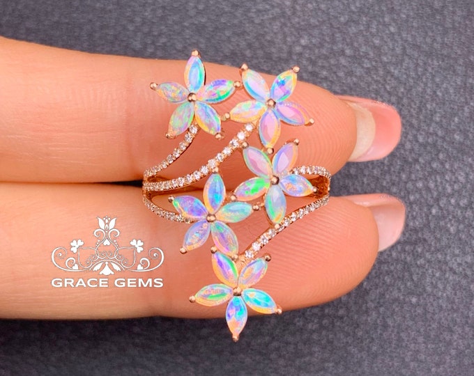 Unique Five Flowers Cluster Marquise Natural Certified Australian Opal Ring/18k/14k rose Gold &Diamonds/Boulder Opal Engagement Wedding ring