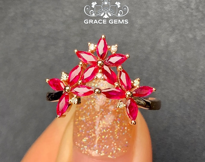 18k rose gold three flower ruby Ring/Real ruby and diamond halo Star Ruby Ring/handmade jewelry for women bridal gift/vintage Art Deco ruby