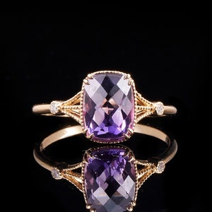 18k solid gold 6X8mm oval natural amethyst ring/engagement wedding ring with diamonds/one of a kind gift for her/Art Deco/Unique handmade