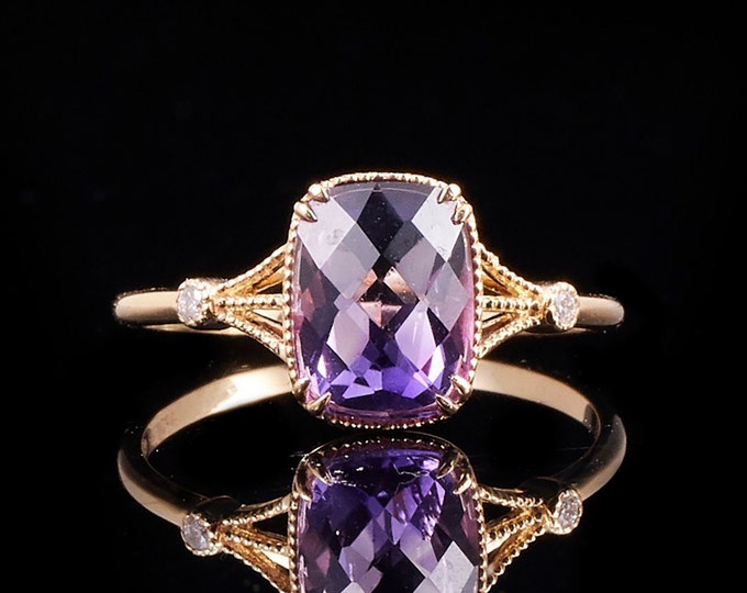 18k solid gold 6X8mm oval natural amethyst ring/engagement wedding ring with diamonds/one of a kind gift for her/Art Deco/Unique handmade
