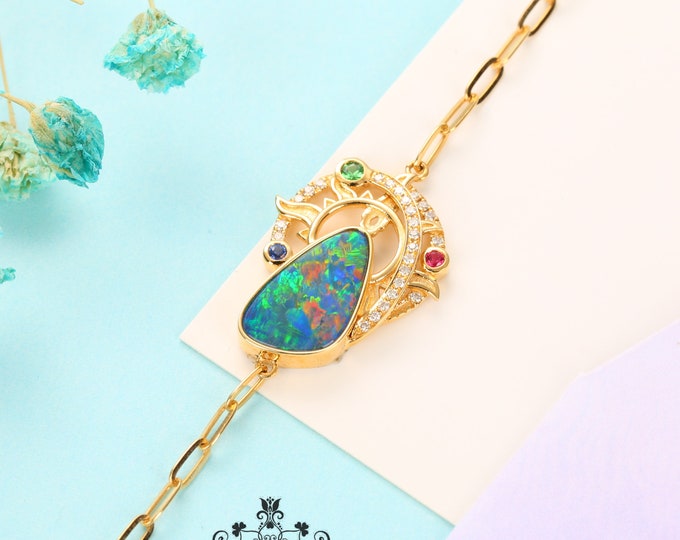 Australian Opal Bracelet: 18K Gold, Diamonds, Rubies & Sapphire