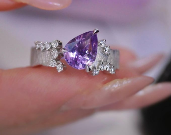 18k white gold Natural Lavender Padparadscha sapphire engagement ring with diamonds/Pink sapphire fine ring/Art Deco pink sapphire ring