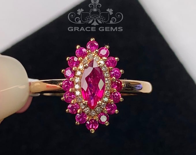 18k rose gold marquise ruby engagement ring/Diamond ruby ring/Art Deco ruby ring antique/Unique vintage ruby ring for women/Natural ruby