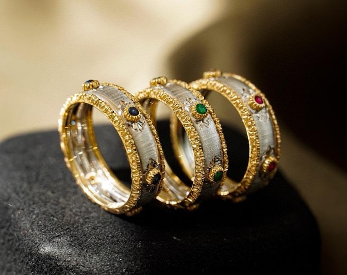 Natural emerald ruby sapphire gold band/unique trendy wedding bands in solid gold/handmade fine wedding ring/Birthday anniversary jewelry