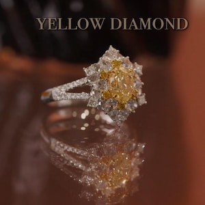 High end natural yellow diamond ring/Earth Mined yellow diamond ring/18k white gold halo yellow diamond engagement ring/Women Luxuriou ring