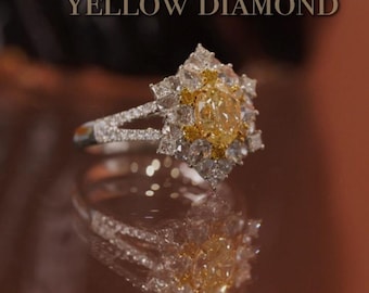 High end natural yellow diamond ring/Earth Mined yellow diamond ring/18k white gold halo yellow diamond engagement ring/Women Luxuriou ring