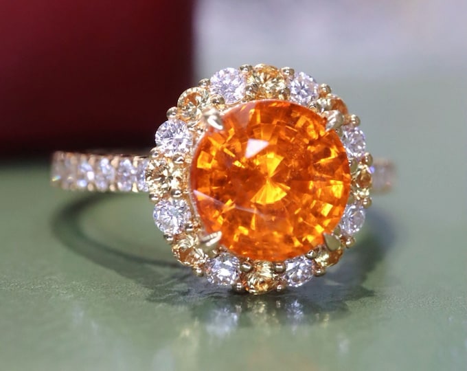 18k Gold Natural Fanta ring/Handmade diamonds and yellow sapphire halo engagement ring/Celtic Fanta Ring/Unique fanta ring for her wedding