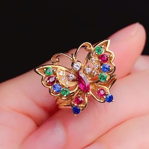 Unique butterfly ring in 18k rose gold/Multi-stone butterfly ring/Natural gems designer ring/Handmade colorful gems ring/Custom fine jewel
