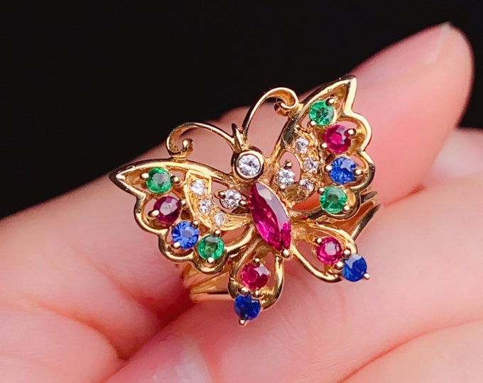 Unique butterfly ring in 18k rose gold/Multi-stone butterfly ring/Natural gems designer ring/Handmade colorful gems ring/Custom fine jewel