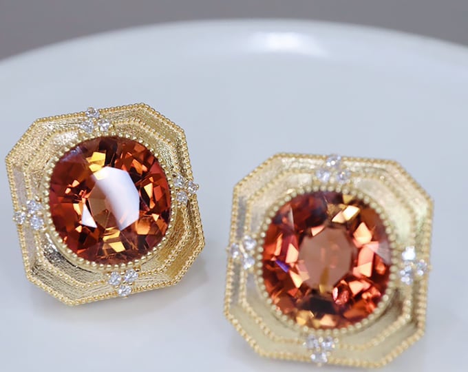 18k yellow gold natural orange red tourmaline push back studs in diamonds/Victorian Engipian earrings/Custom Viking Bridal Jewelry/Birthday