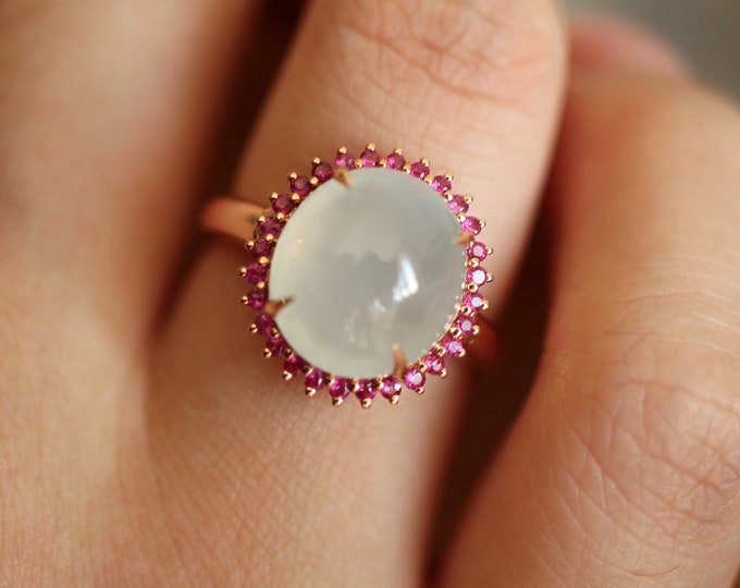 18k Solid Rose Gold Natural Myanmar Icy Jadeite ring with ruby accent stones/One of a kind unique Engagement Wedding Ring/Anniversary gift