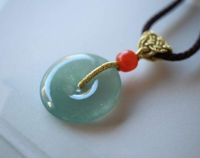 Natural Myanmar Burmese Icy Green Jadeite Jade Donut Pendant with Hand knitting Rope/Real Jade Cabochons/Genuine jade jewelry/Type AJade