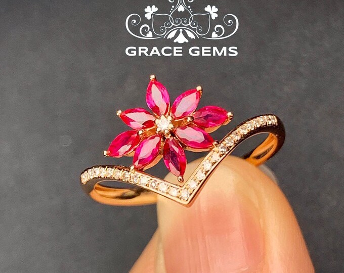 18k rose gold real ruby wedding ring/curvy natural ruby cluster ring/diamond halo ruby ring/Handmade  Art Deco ruby ring/Dainty ruby ring