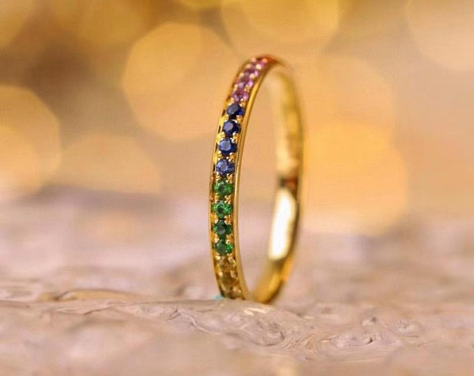 Natural multi color sapphire band/18k solid gold rainbow wedding band Ring/Pink blue sapphire band/Full eternity sapphire stacking band