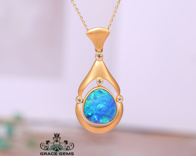 Genuine Australian Black Opal Pendant in 18k gold with Diamonds/Boulder Opal Necklace/Anniversary Birthday Choker/Celtic Unique design Opal