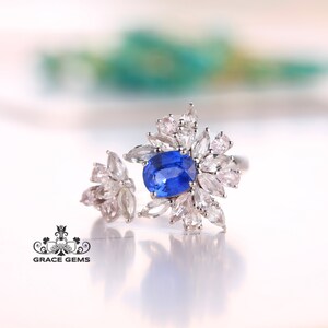 Solitaire 198k/14k white gold natural oval sapphire engagement ring with white sapphires/Royal Blue Sapphire/Vintage Antique/Art Deco/Celtic