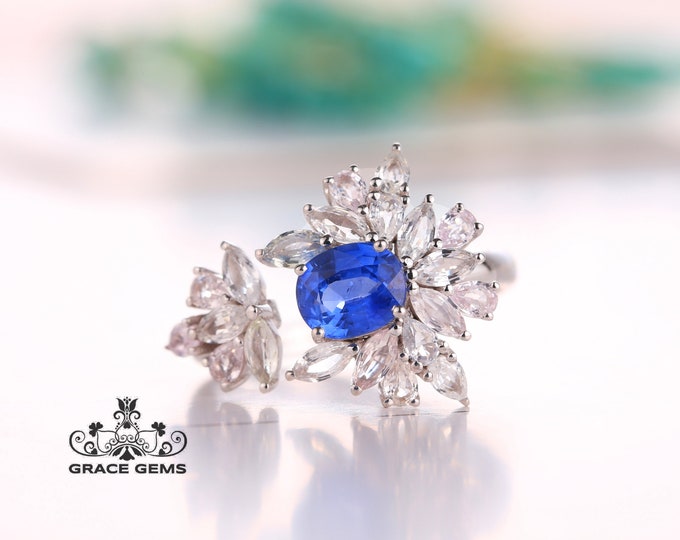 Solitaire 198k/14k white gold natural oval sapphire engagement ring with white sapphires/Royal Blue Sapphire/Vintage Antique/Art Deco/Celtic