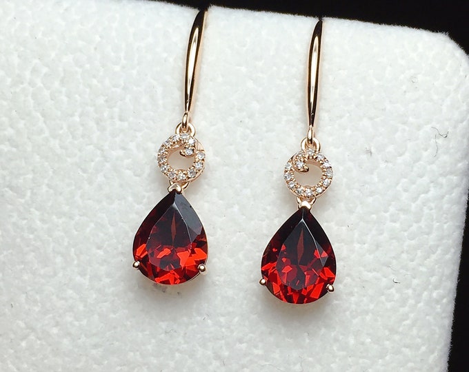 18k rose gold natural garnet hook earrings in diamonds/Victorian vintage classic garnet eardrops/Custom Bridal Jewelry/Birth anniversary