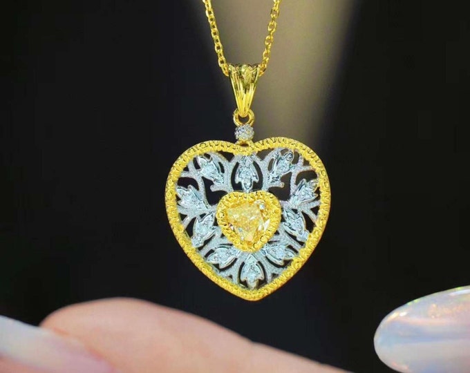High end 18k yellow gold natural yellow diamond necklace/Real heart yellow diamond pendant/Quality diamond halo pendant/yellow diamond gift