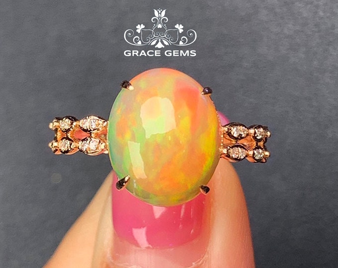 Diamond Band Minimalist Boulder Genuine Engagement Opal ring in 18k/14k Solid Gold/Natural Opal wedding/Opal Engagement ring/Raw Fire Opal