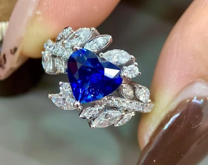Handcrafted 18k White Gold Natural High End heart Royal Blue Sapphire Ring/Twig Diamond Halo Sapphire Engagement Ring/unique fine jewelry