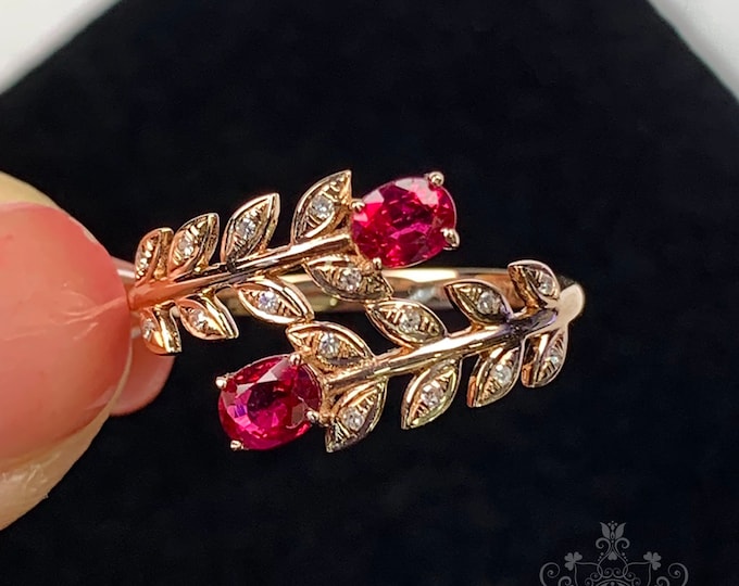 Double leaf Natural Mozambique pigeon blood red ruby ring/18k rose gold with diamond/raw ruby/antique ruby ring/14k ruby trendy ring for her