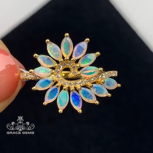 Multi-stone Genuine Marquise Australian Opal Ring in Solid 18k/14k Rose Gold with Diamond/Fire Opal Engagement Wedding Band Opal anniversary