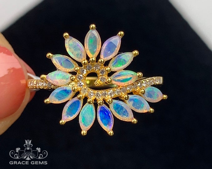 Multi-stone Genuine Marquise Australian Opal Ring in Solid 18k/14k Rose Gold with Diamond/Fire Opal Engagement Wedding Band Opal anniversary