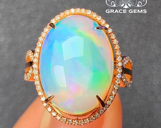 Genuine Luxurious Huge Opal Engagement Ring in 18k Rose Gold with Diamonds/Raw Opal Wedding ring/Black Opal/Fire opal wedding ring/Boulder