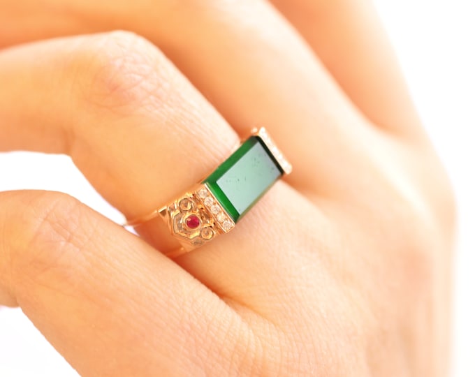 18k Rose Gold Jadeite Ring: Myanmar Green Jade & Diamond Engagement Ring