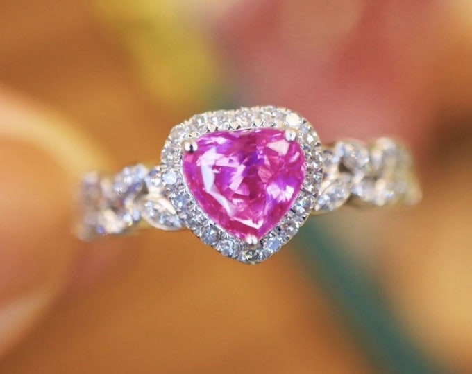18k white gold heart Padparadscha pink sapphire engagement ring with diamonds/Pink sapphire custom fine ring/Art Deco pink sapphire ring her