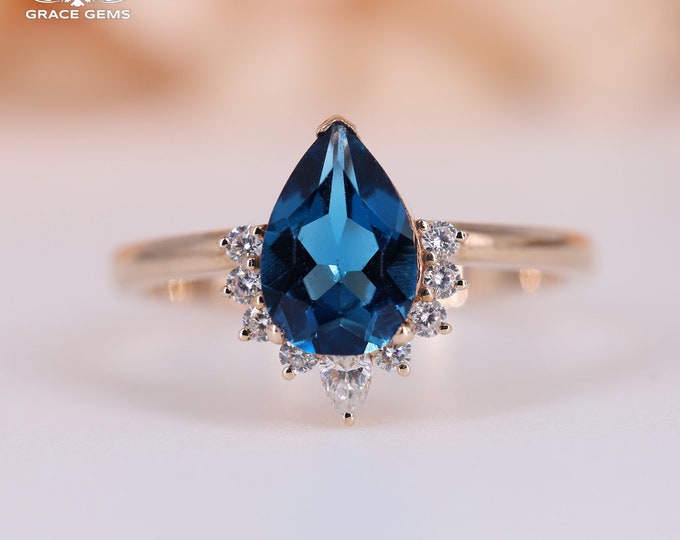 6X8mm 18k rose gold twig natural London blue Topaz engagement wedding ring/Topaz gemstone one of a kind gift/Art Deco/deep blue stone ring