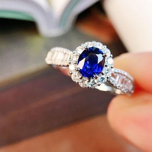 18k white gold natural royal blue sapphire engagement ring/Diamond halo blue sapphire ring/Unique Half eternity sapphire anniversary ring